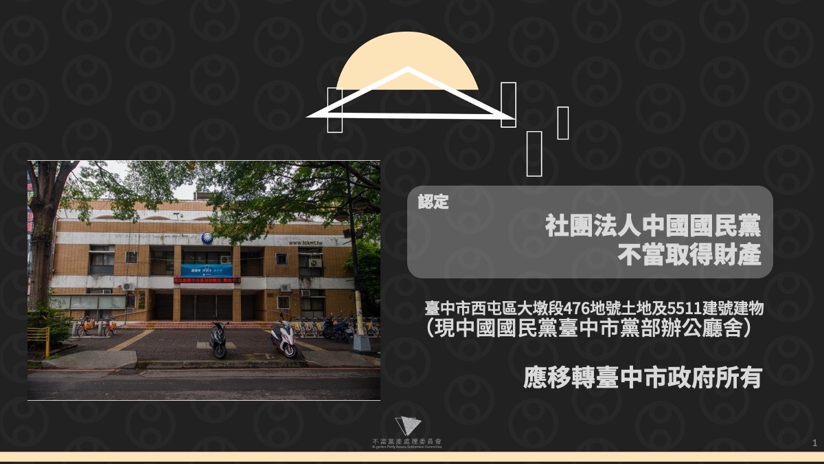 台中市政府於74年度經費預算編列台灣省民眾服務社台中市支社辦公廳舍搬遷補助費3,500萬元，系爭土地及系爭建物卻陸續移轉登記於中國國民黨名下，黨產會認定為不當取得財產。 圖：黨產會提供