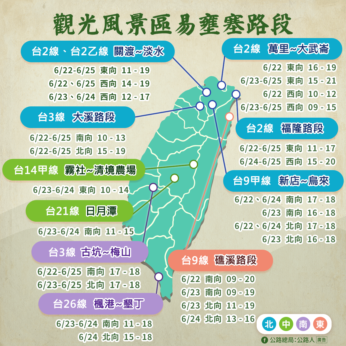 今年端午連假預測觀光風景區易壅塞路段。 圖：公路總局／提供