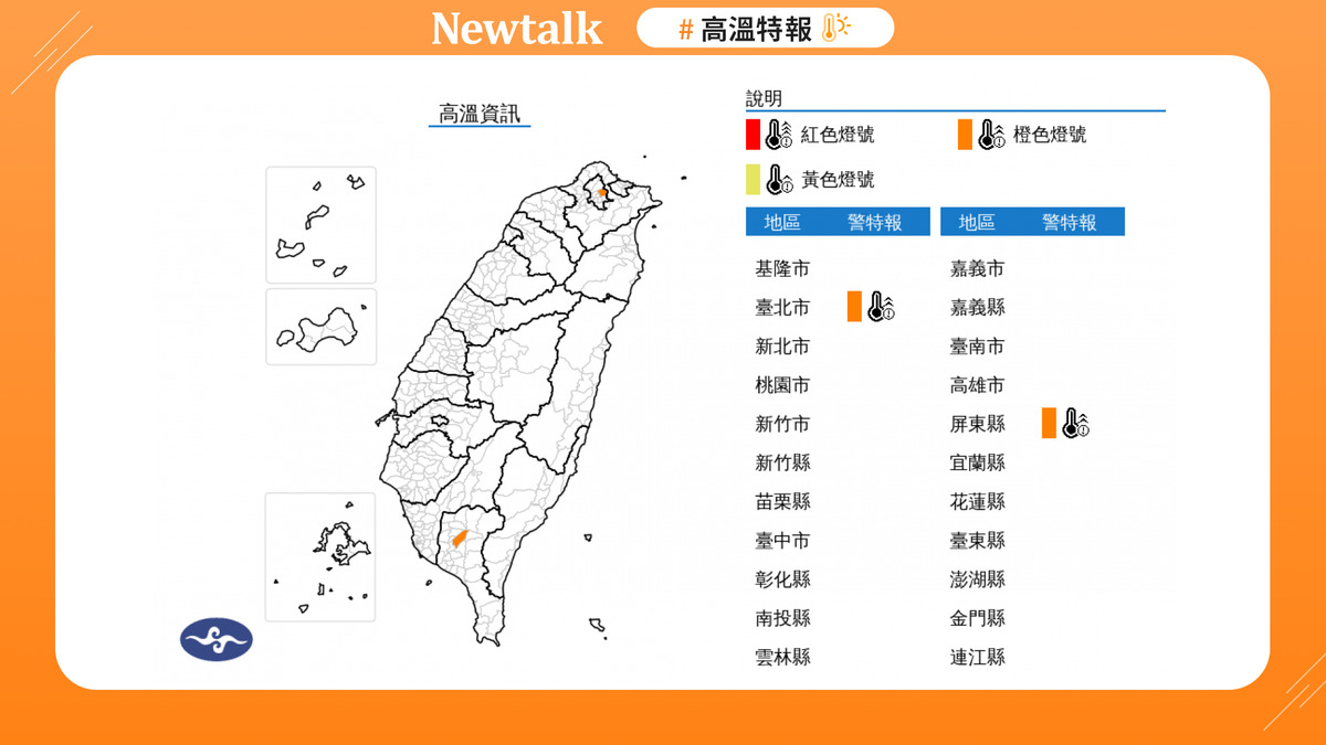 北市屏東橙燈熱爆！高溫飆36度恐中暑 圖：取自氣象署