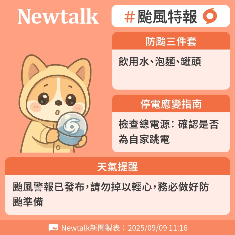 颱風警報已發布，請勿掉以輕心，務必做好防颱準備 圖：Newtalk製表
