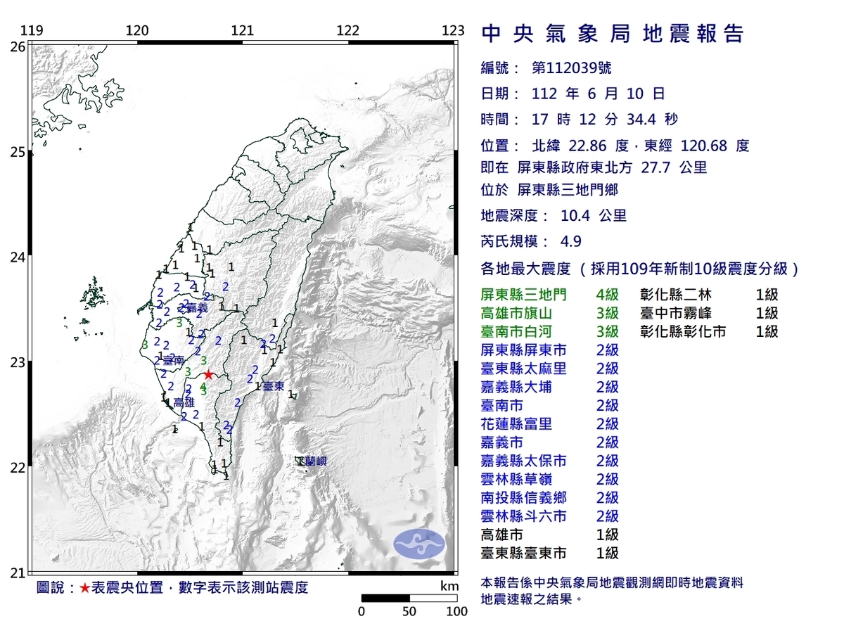 屏東三地門在17時12分發生規模4.9的餘震。 圖：中央氣象局／提供