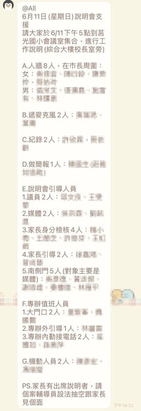 新北市議員林秉宥在臉書驚爆某對話截圖，新北市府發出訊息給「ALL」（群組所有成員），指派的工作第1項就是「人牆8人」，要在「市長周圍」，男女各4人。 圖：翻攝自林秉宥臉書