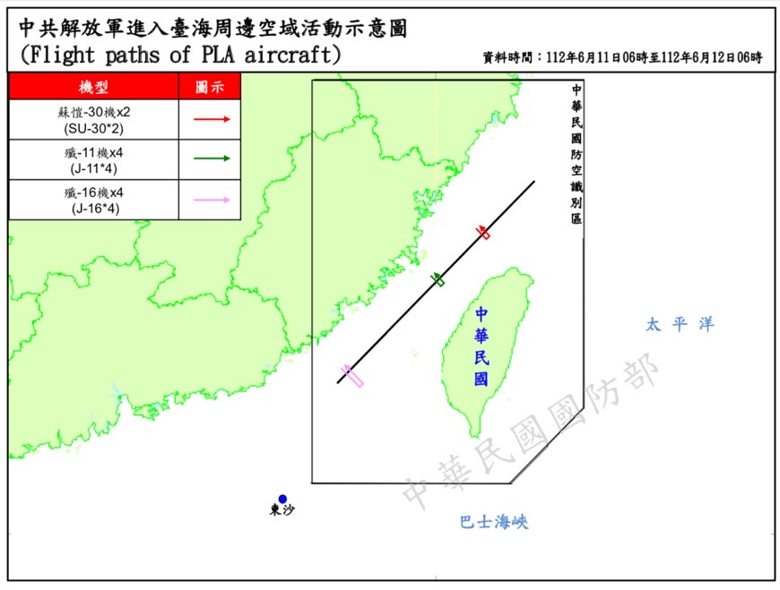 國防部公布，11日6時至12日6時，10架次解放軍機(蘇愷-30、殲-11、殲-16)分北中南3點「突穿」海峽中線。 圖：翻攝mnd.gov.tw