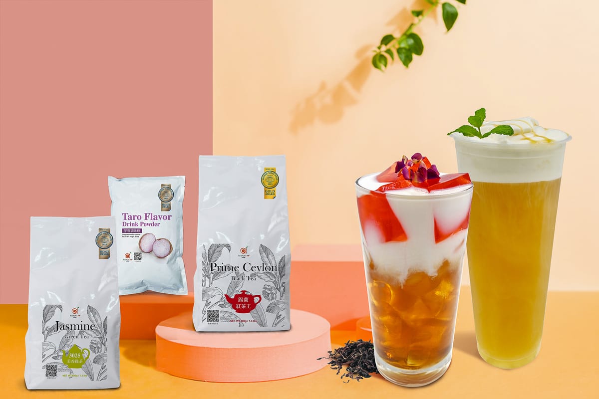 承恩食品2023 Monde Selection得獎產品-鍚蘭紅茶王、3025茉香綠茶、芋香調味粉。 圖：新北市經發局提供