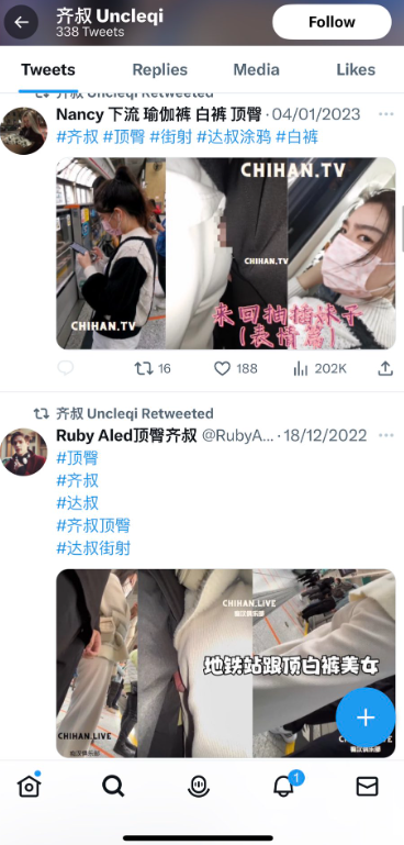 齊叔透過販售性騷擾影片，賺取不法所得。 圖：翻攝自《JJ的顯微萬花筒-厭女/川粉滾遠點》推特