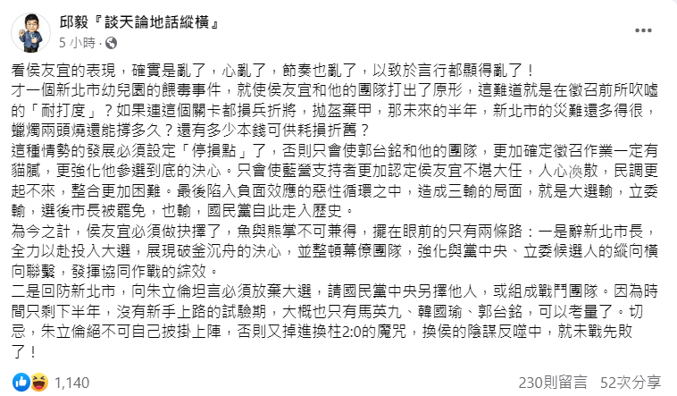前國民黨立委邱毅今（13）日在臉書發文直指侯友宜表現確實是亂了，必須設定「停損點」。 圖 :  翻攝自邱毅臉書