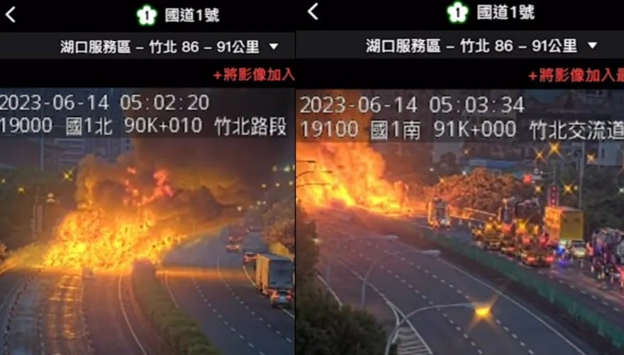 國道一號90.2K處14日清晨發生火燒車事故。 圖：翻攝「新竹人新竹事」臉書