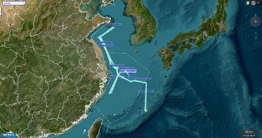 中國半官方智庫、北京大學「南海戰略態勢感知計劃平台」(SCSPI)14日指美國空軍RC-135U「戰鬥派遣」電偵機再次沿中國海岸線在東海、黃海作業偵察。 圖：翻攝@SCS_PI推特
