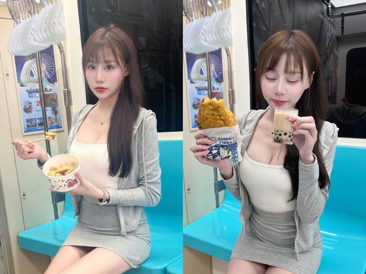 台灣正妹大胃王「泡芙餓了麼」近日在IG曬出一系列「捷運車廂飲食照」。 圖：翻攝自IG＠puff_ku