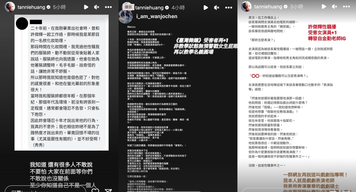 資深藝人許傑輝近日捲入性騷風波，陸續有多名女性出面控訴他行為不當。 圖：翻攝自IG＠tanniehuang