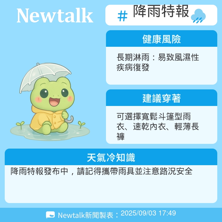 降雨特報發布中，請記得攜帶雨具並注意路況安全圖：Newtalk製表