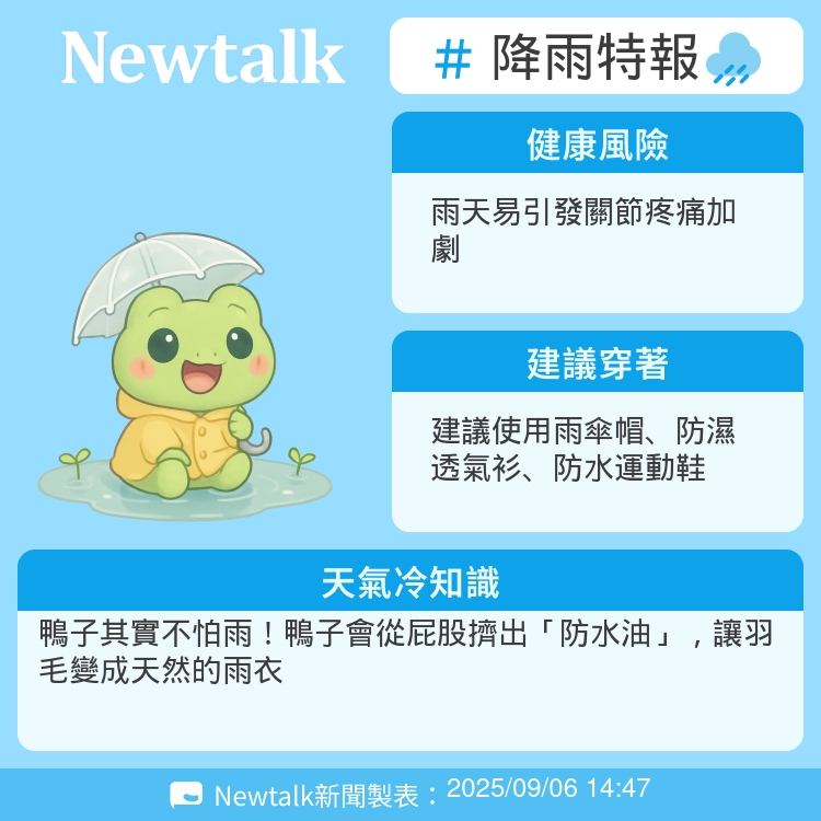 鴨子其實不怕雨！鴨子會從屁股擠出「防水油」，讓羽毛變成天然的雨衣 圖：Newtalk製表