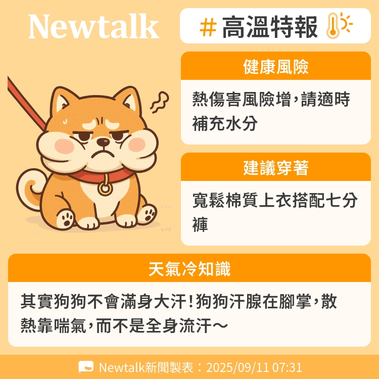 其實狗狗不會滿身大汗！狗狗汗腺在腳掌，散熱靠喘氣，而不是全身流汗～ 圖：Newtalk製表
