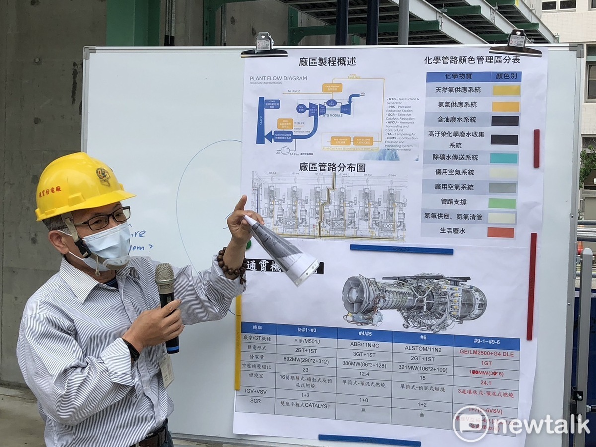 苗栗通霄電廠人員說明，新增18萬瓩氣渦輪發電機組，起停反應時間更只要既有機組的1/3，直追水力機組，今年5月正式商轉加入夏季供電行列。 圖：謝莉慧/攝