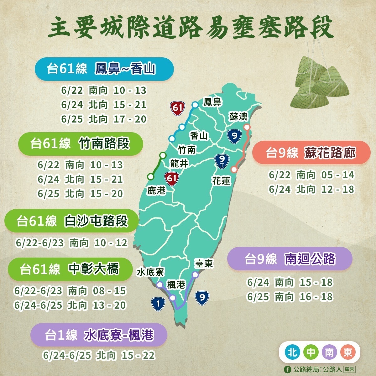 主要城際道路易壅塞時段。 圖：公路總局／提供