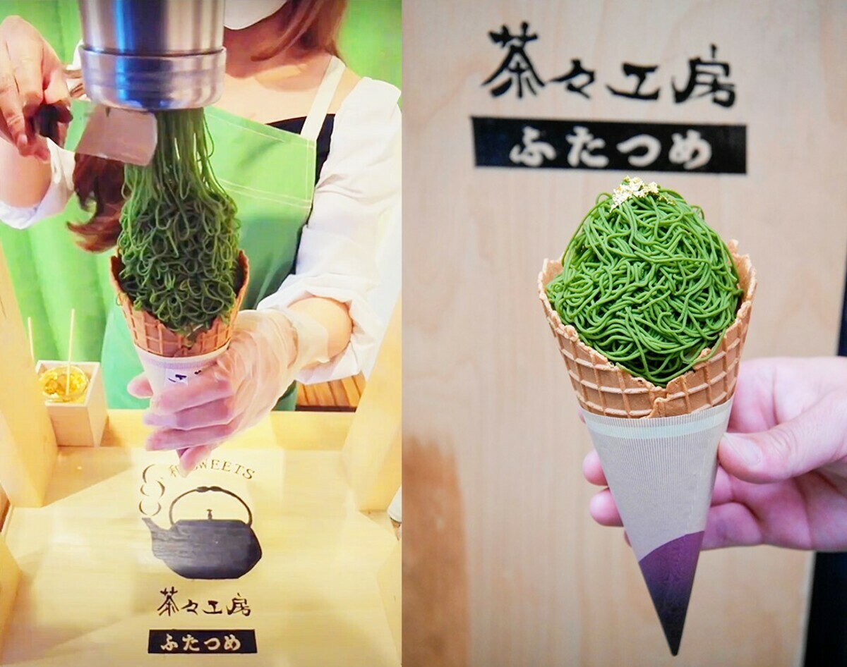 乍看極似冰淇淋的「抹茶蒙布朗」，店員會在你面前當場擠出抹茶栗子泥。 圖： Ⓒ茶茶工房／提供
