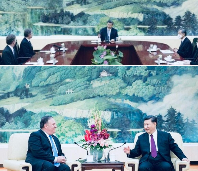 習近平接待美國國務卿布林肯和前美國國務卿蓬佩奧的方式有所差別。 圖：翻攝新華網