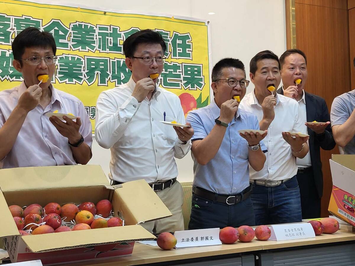 郭國文今天舉行「氣候異常影響芒果大小，郭國文媒合企業認購台南小果」記者會。 圖:陳佩君/攝