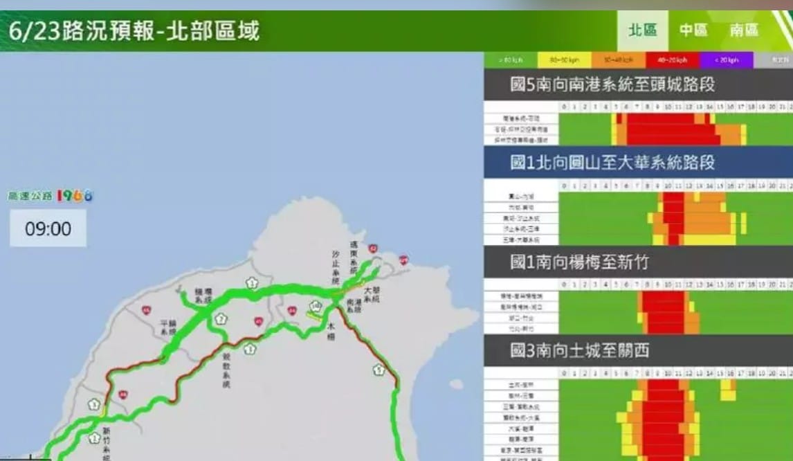高工局發布端午節連假第2天北部路段南向路況預報圖。 圖：高速公路局提供