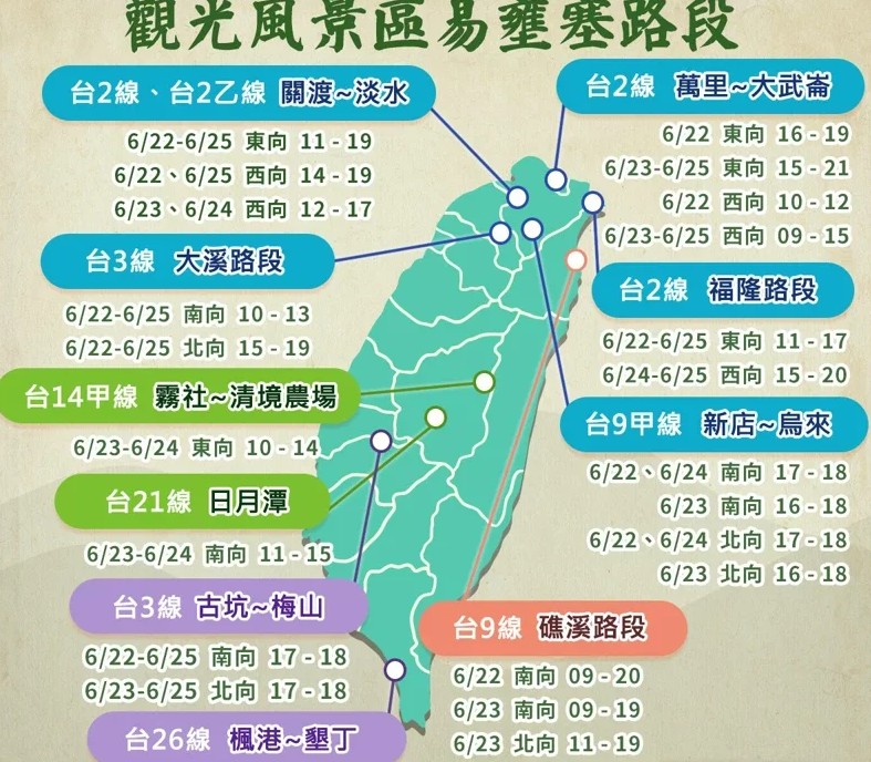 公路總局預估端午連假觀光風景區易壅塞路段。 圖：公路總局提供