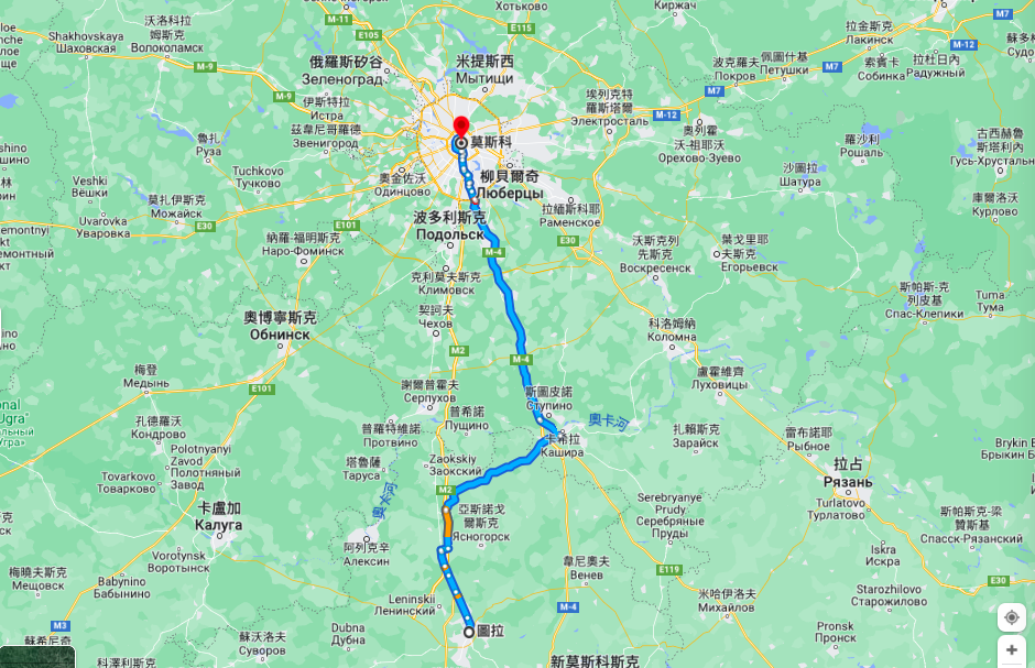 瓦格納集團進逼莫斯科，從google地圖上顯示從圖拉到莫斯科約200多公里，僅需3個半小時車程。 圖：翻攝自google地圖