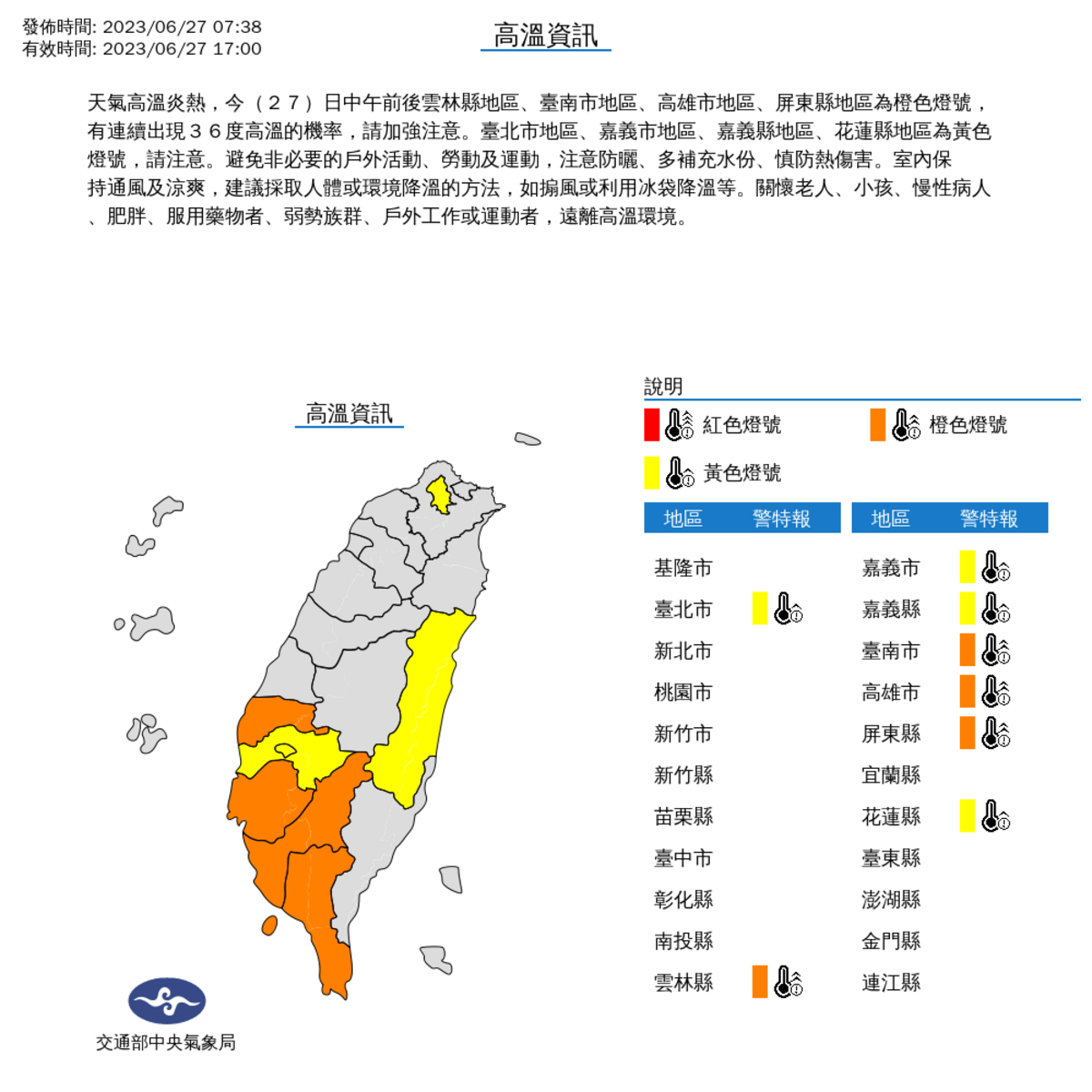 氣象局對8線市發布高溫特報。 圖：取自中央氣象局網站
