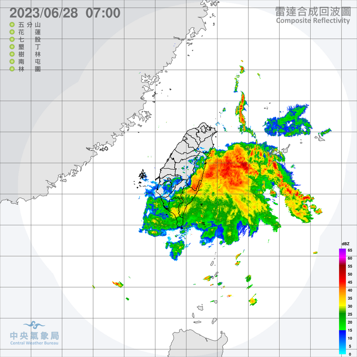 對流雲系發展旺盛，中央氣象局今天凌晨針對花蓮、台東與恆春半島發布大雨特報。 圖：中央氣象局／提供