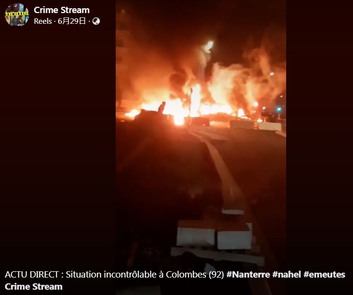 法國員警槍殺17歲少年引爆民眾怒火，全國各地都有激烈的抗議事件。 圖：翻攝自Crime Stream臉書