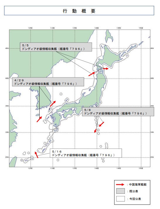 解放軍4月底才派出815A型電子偵察艦「開陽星號(舷號796)」，從對馬海峽進入，繞行全日本主島一圈，5月16日才從宮古海峽進入返回東海。 圖：翻攝mod.go.jp官網