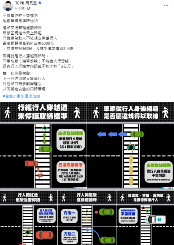 台中市警局臉書粉專《TCPB局長室》也特別製作易懂圖表提醒用路人。 圖：翻攝自TCPB局長室臉書