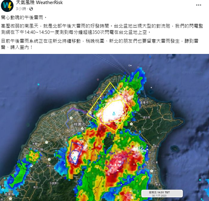 台北盆地出現大型的對流胞，在下午2時40分至50分，一度在台北盆地上空測到每分鐘超過350次閃電。 圖：翻攝自天氣風險臉書