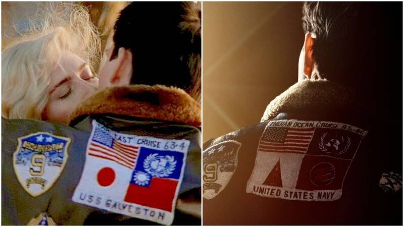「捍衛戰士：獨行俠」預告片把「捍衛戰士」飛行夾克上的台灣和日本國旗移除。 圖：取自預告片與臉書