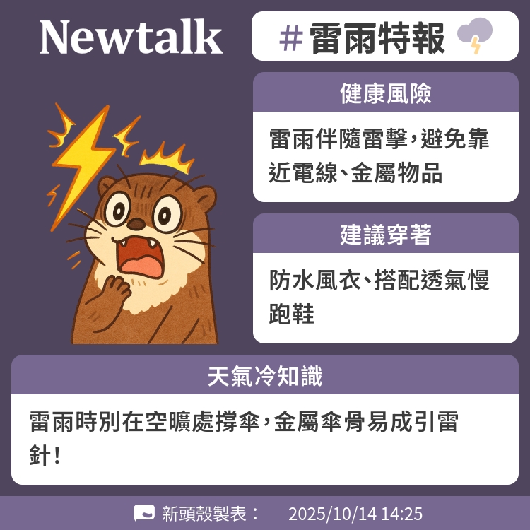 雷雨時別在空曠處撐傘，金屬傘骨易成引雷針！ 圖：Newtalk製表