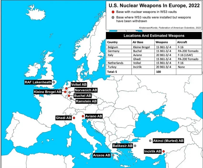 美國 2022 年在歐洲各空軍基地部署核武器分佈情況。 圖片來源自騰訊網