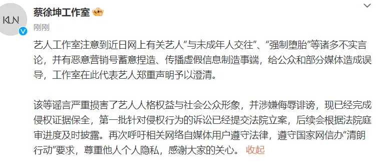蔡徐坤工作室也發文指出，針對「強制墮胎」等諸多不實言論、侵權行為的訴訟，已經提交法院立案。 圖：翻攝自蔡徐坤工作室微博