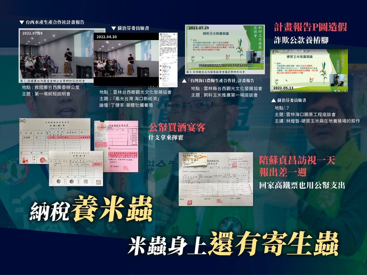 時代力量前立委黃國昌今天說，雜糧基金會董事長林源泉、執行長江聰淵、前執行長陳錦倫每天拿公帑喝酒宴客，甚至淪為用補助計畫養樁腳的工具，「納稅養米蟲，米蟲身上還有寄生蟲」。 圖：取自黃國昌臉書