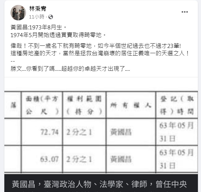 新北市議員林秉宥在臉書爆料，1973年8月出生的時代力量前立委黃國昌，竟然在1974年5月就開始透過買賣取得畸零地。 圖：翻攝自林秉宥臉書