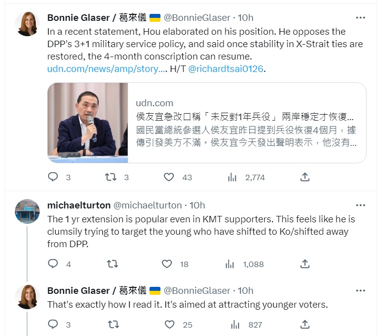 華府智庫戰略暨國際研究中心亞洲高級顧問葛來儀，在侯友宜表示將取消民進黨延長台灣兵役時，發出推文警告，隨後侯就改口。 圖：翻攝自葛來儀推特