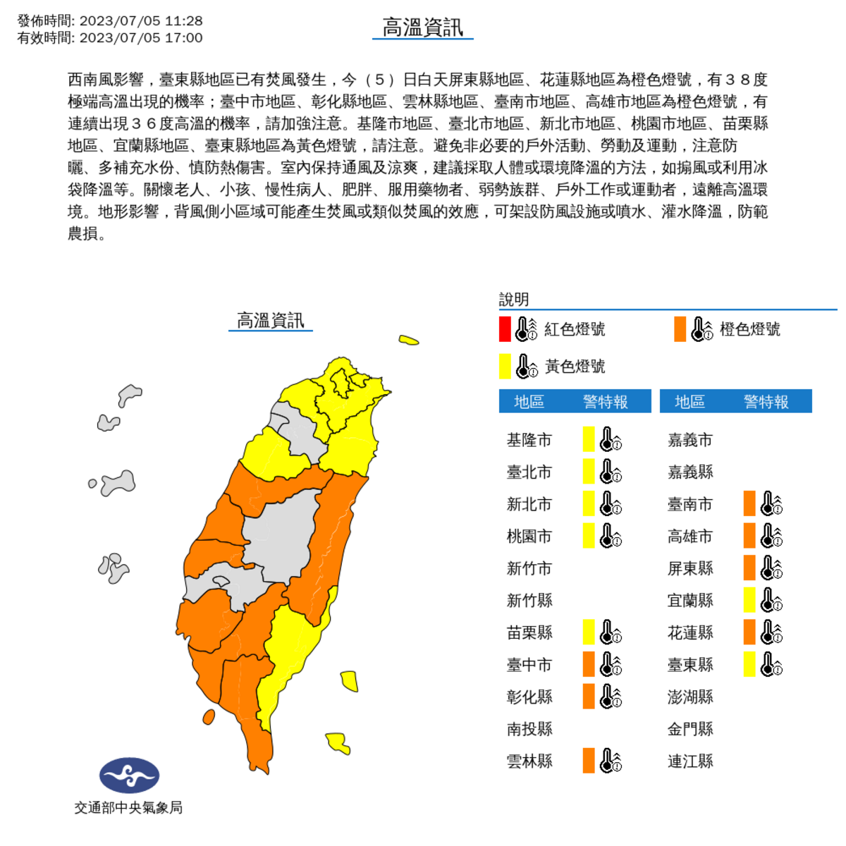 氣象局對全台14縣市發布高溫特報，其中有7個縣市為橙色燈號，另外7個縣市為黃色燈號。 圖：取自中央氣象局網站