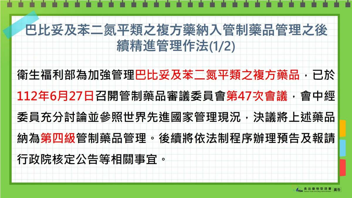食藥署今日公布巴比妥和苯二氮平類藥物管理新制。 圖：食藥署提供