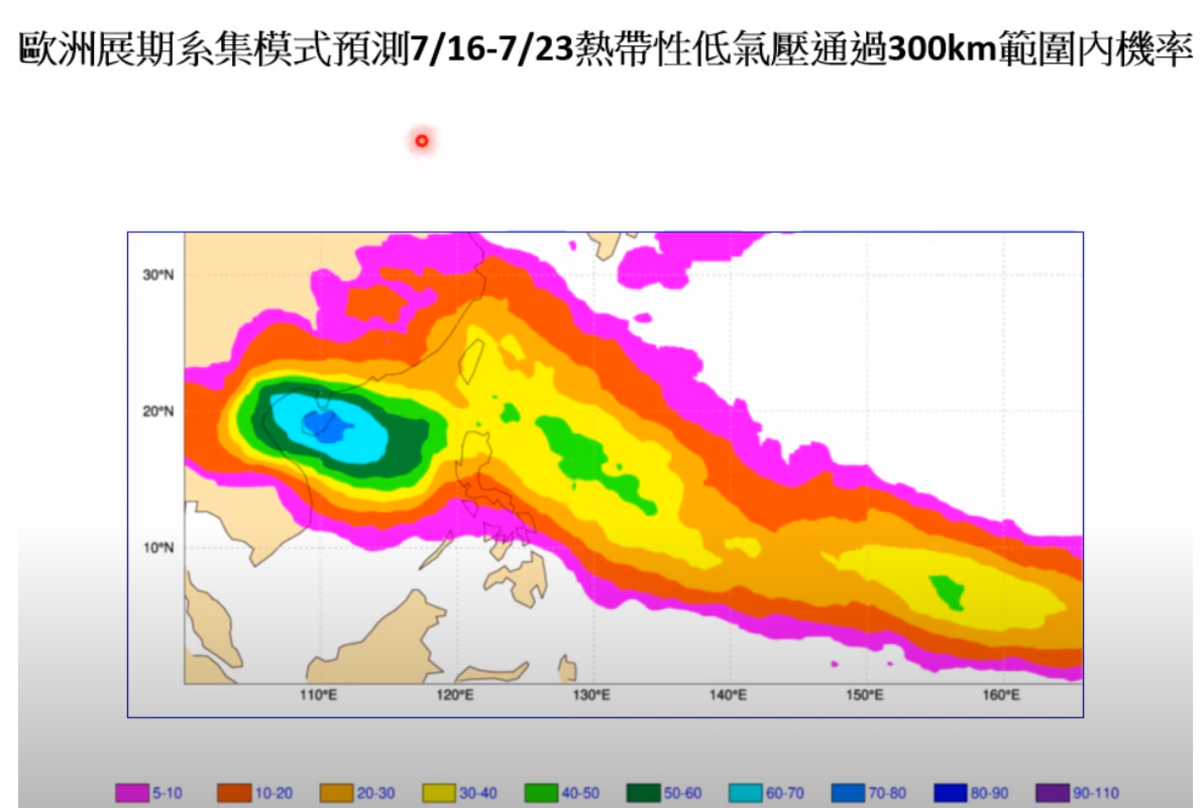 南海附近的熱帶低壓生成機率有6成以上，比菲律賓東方4到5成還要高。 圖：取自賈新興YT頻道