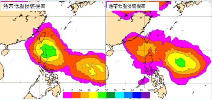 最新歐洲模式系集模擬，下週四熱帶低壓的侵襲機率圖顯示(左圖)，呂宋島東北的最大值約50%，台灣的機率則約在30%以下；下週六另一熱帶低壓侵襲機率圖(右圖)顯示，菲律賓東方另有一高值約50%，台灣的機率則仍在20%以下。 圖/取自「三立準氣象.老大洩天機」專欄