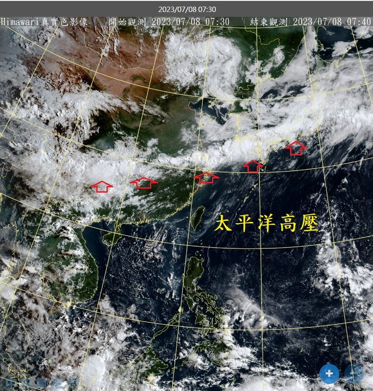 衛星雲圖中可以看到目前北抬的超長梅雨鋒面和台灣上空的太平洋高壓呈現明顯對比。 圖：取自鄭明典臉書