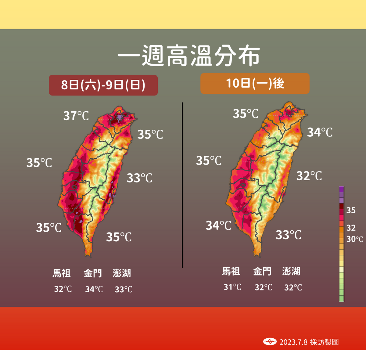 一週高溫分布。 圖：中央氣象局／提供