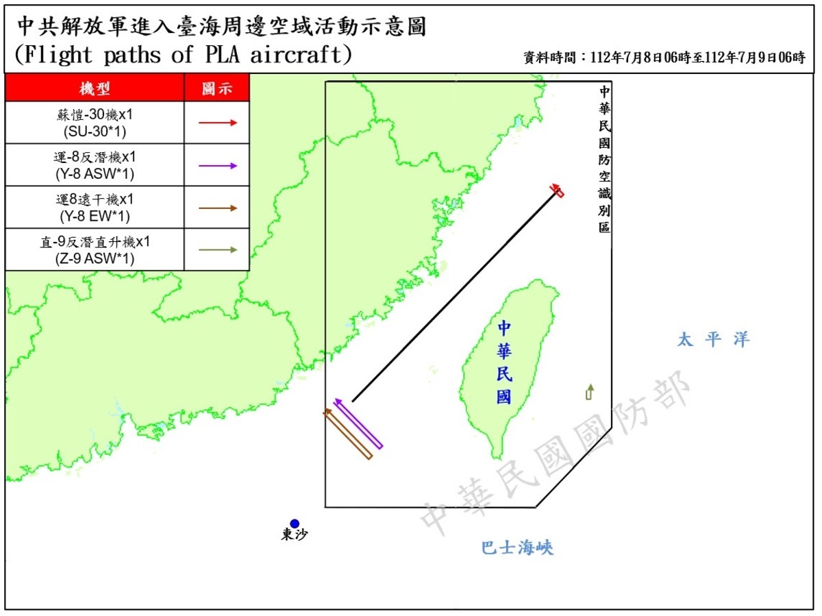 4架次共機越中線擾西南及東部空域，國防部嚴密監控與應處。 圖片來源/國防部