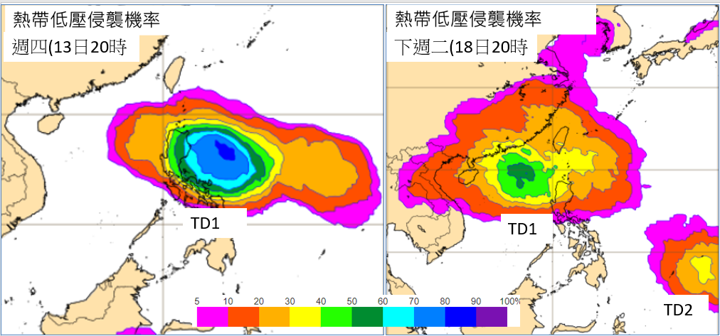 呂宋島東方的熱帶擾動最大值高達90%(左圖)；通過巴士海峽機率逐漸下降，進入南海再降至60%，台灣的機率則一直在40%以下(右圖)。另一「熱帶低壓」還在菲律賓東方海面，機率為40%(右圖)。 圖：翻攝自老大洩天機專欄