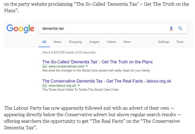 為了阻止選民點閱相關爭辯，保守黨買下「腦退化稅」(dementia tax)的Google關鍵字廣告。 圖：翻攝breitbart.com
