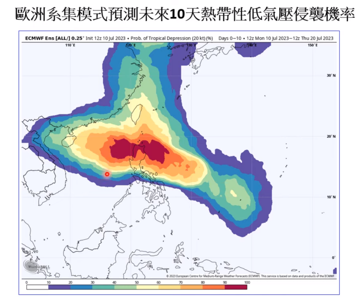 位於菲律賓外海的熱帶擾動，約在15、16日經過呂宋島陸地至南海後，就有可能形成熱帶性低氣壓。 圖：取自賈新興臉書