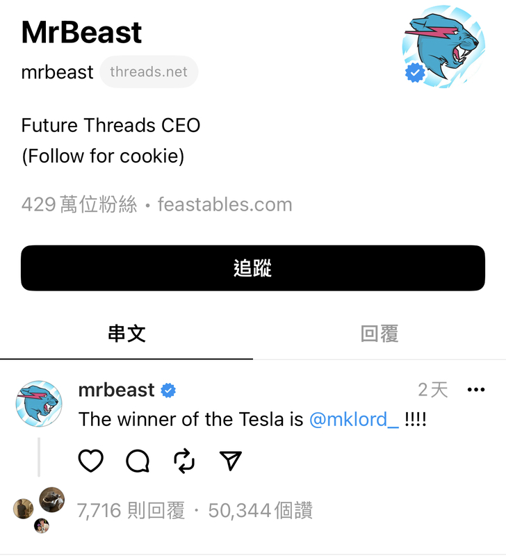 MrBeast公布特斯拉幸運得主。 圖：取自MrBeast的Threads