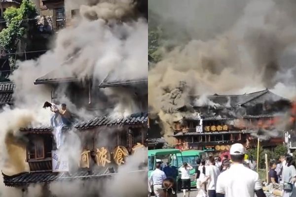 貴州各地發生大火，住戶緊急爬窗跳出，險象環生。 圖：翻攝微博